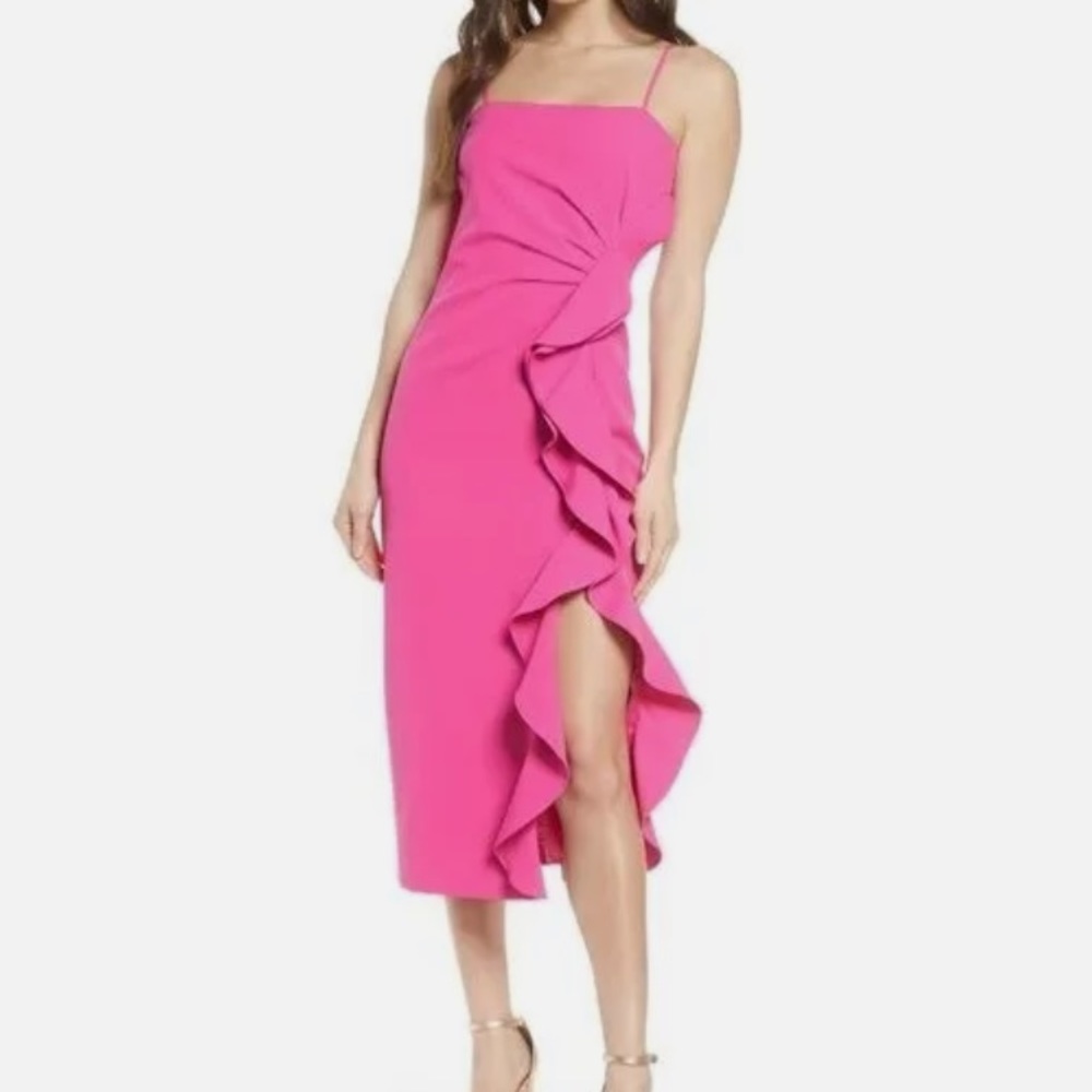 NWT Women Bardot Rona Ruffle Midi Dress in Fuschia  Pink
